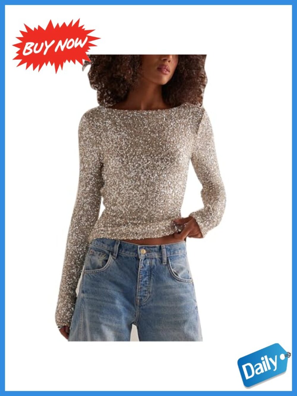 Women Sequin Crop Top Long Sleeve Back Cowl Neck Sparkly Club Party Glitter